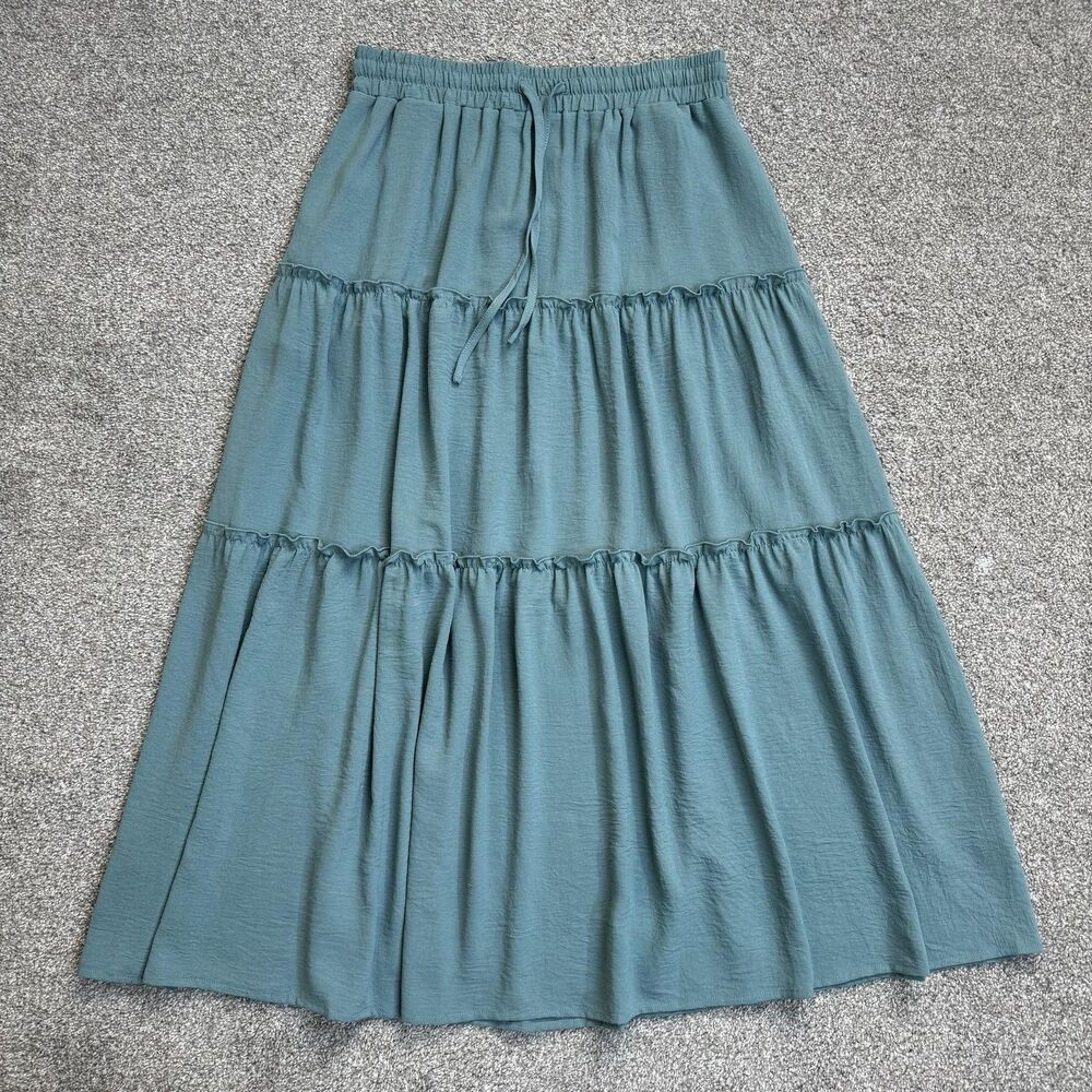 LEPUNUO Skirt Juniors YL Green Tiered Maxi Pockets Boho Peasant Cottage Whimsy